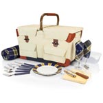 PIONEER PICNIC BASKET, (BEIGE CANVAS WITH NAVY BLUE & BROWN ACCENTS)
