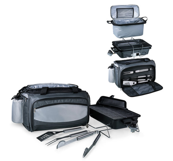 VULCAN PORTABLE PROPANE GRILL & COOLER TOTE, (BLACK WITH GRAY ACCENTS)